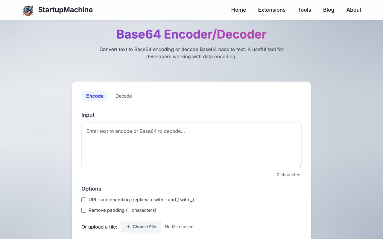 Base64 Encoder/Decoder tool interface showing the text input area and encoding options