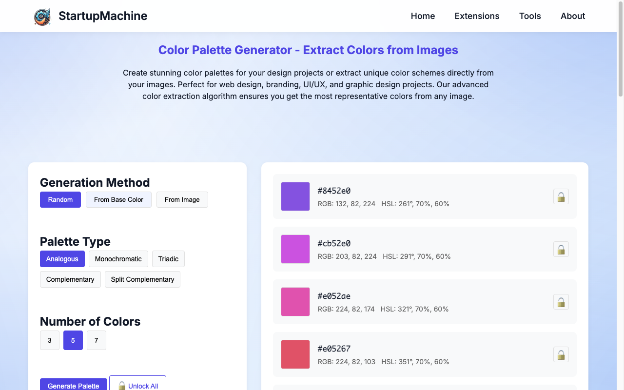 Color palette extraction tool interface showing a photograph with extracted color swatches