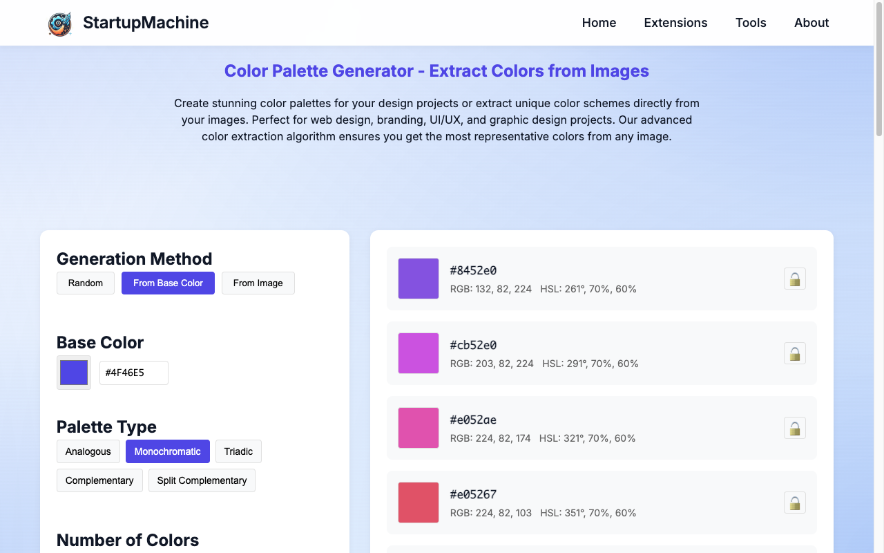 Color Palette Generator displaying a monochromatic color scheme with various shades of blue derived from the selected base color