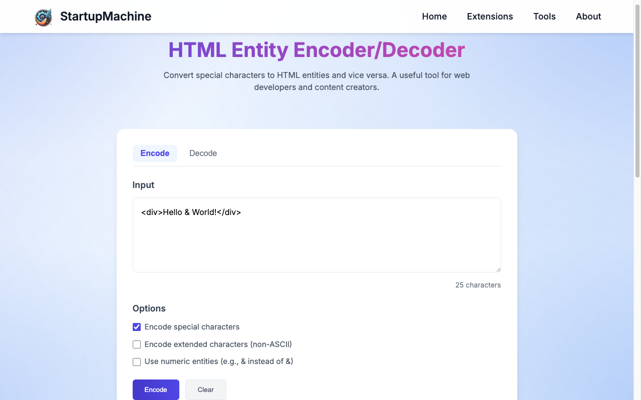 HTML Entity Decoder showing encoded text