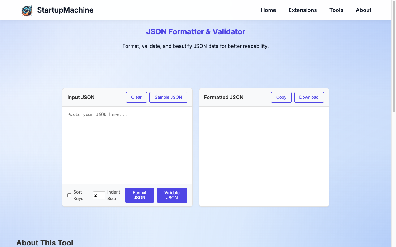 JSON Formatter and Validator tool interface