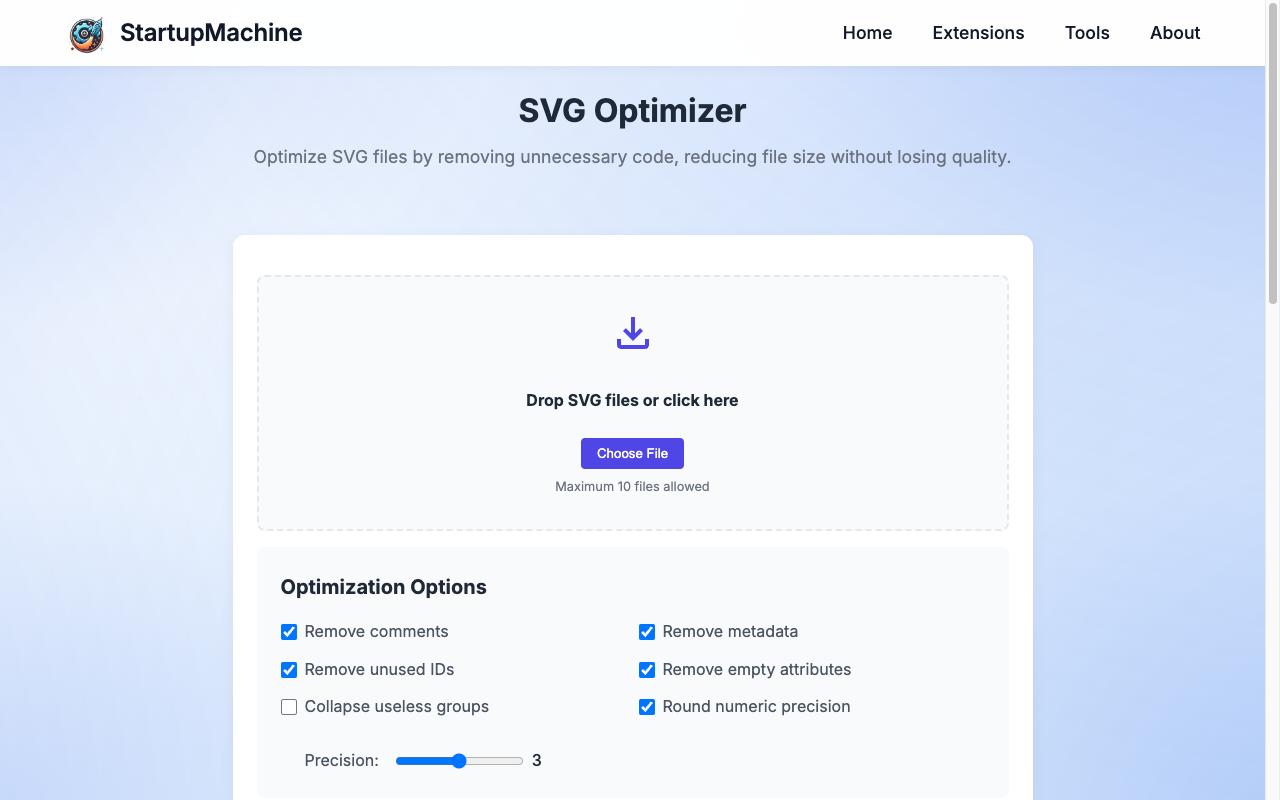 SVG Optimizer tool interface showing upload area and optimization options