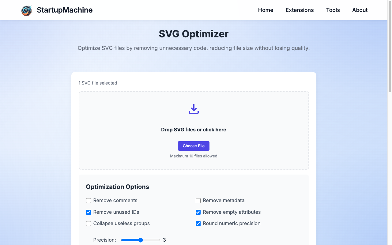 Preview of the optimized SVG with size comparison