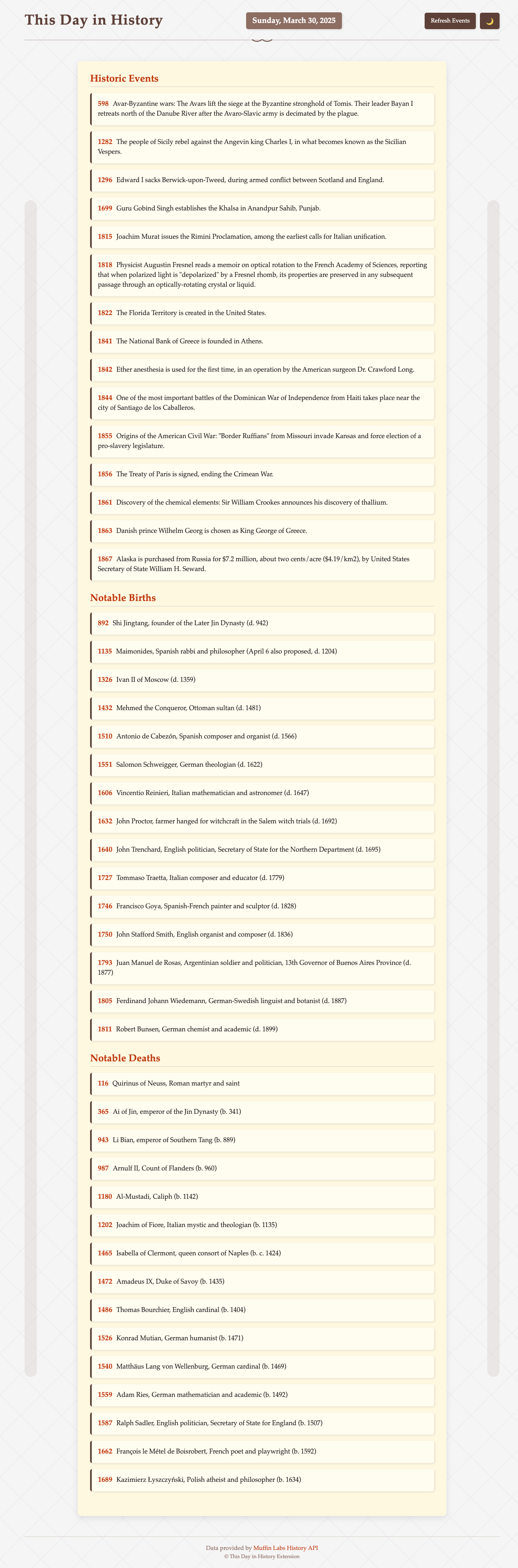 This Day in History extension screenshot - Light Mode